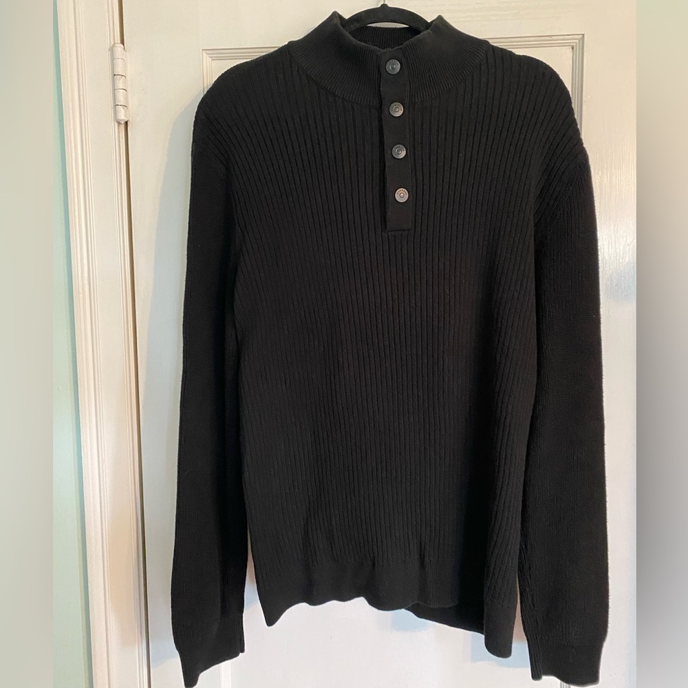 Express Sweater Men XL Black Pull Over 4 Snap Mock Neck Ribbed Cotton Knit Y2K